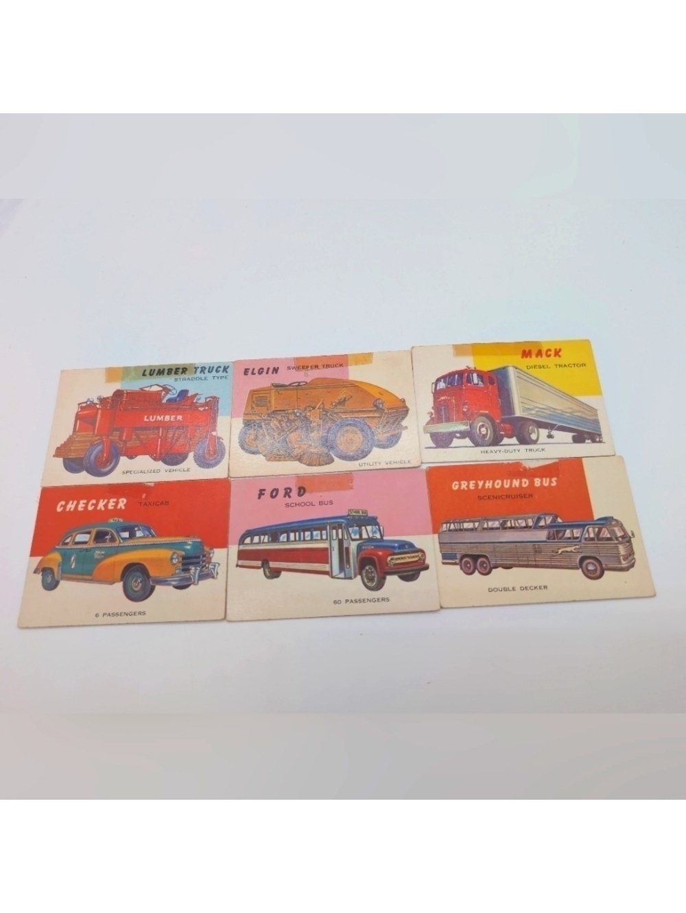 1954 Topps Car Card Set 6 Utility Mack, Elgin, Checker, Ford Bus, Greyhound Bus